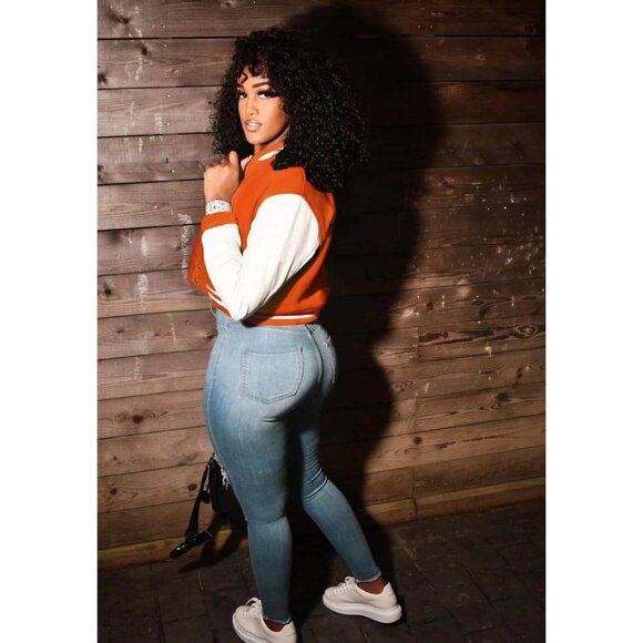 Women's Varsity Jacket Long Sleeve Button Down Bomber Jacket Streetwear Orange - Picture 3 of 4